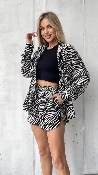 Стильний костюм сорочка + шорти в актуальному принті zebra