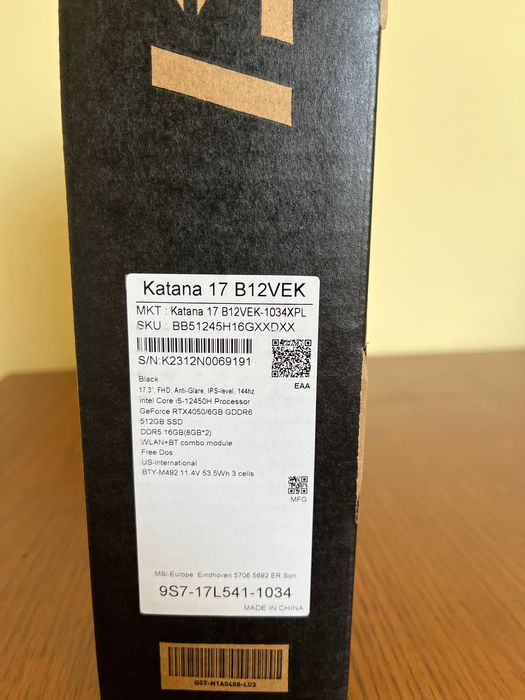 MSI Katana 17.3 I5-12450H/16GB/512 RTX4050 144HZ/TGP-105W