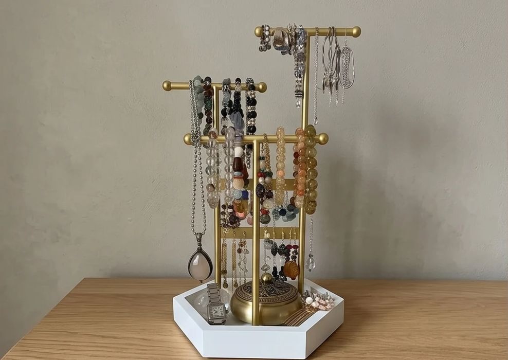 Organizer Stojak Na Biżuterię 4 Poziomy NOWY Elegancki Metal Drewno