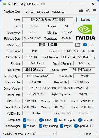 Geforce RTX 4080 PNY XLR8 16GB GPU