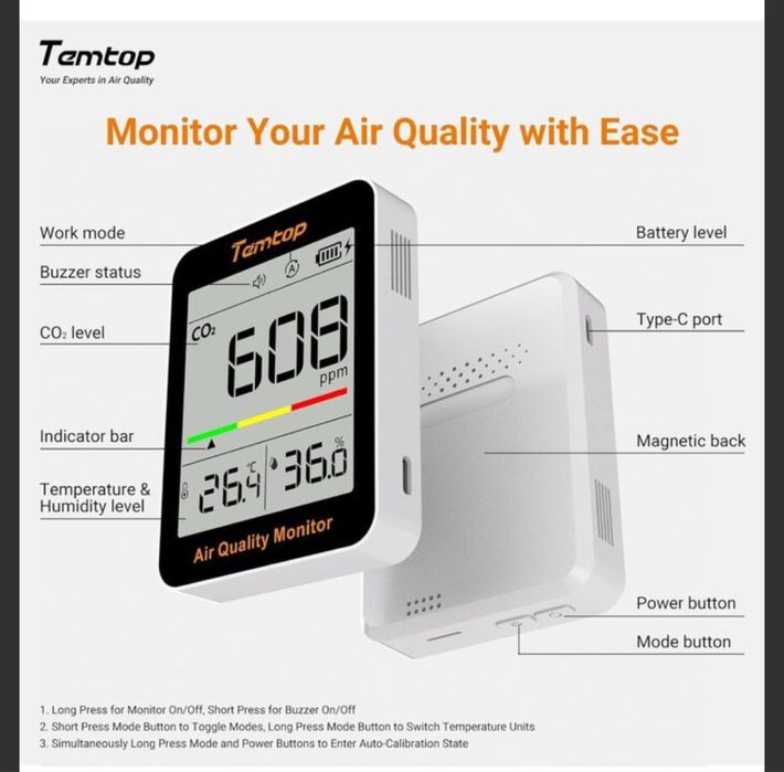 Temtop c1 - термометр, гігросетр, со2, вимірювання якості повітря