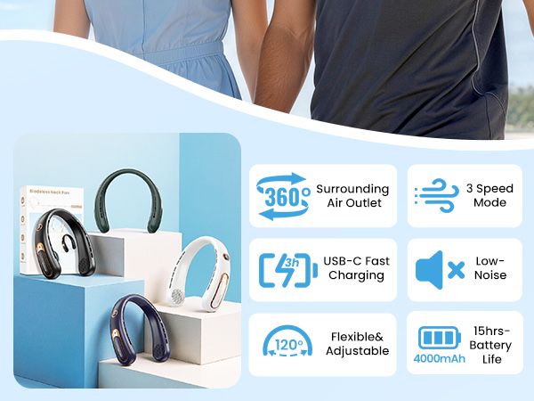 Безлопатевий шийний вентилятор A226, 3 швидкості, USB-C