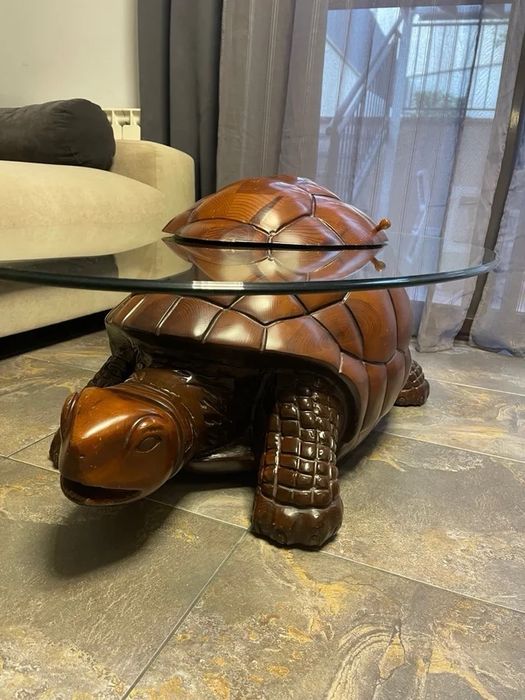 Mesa de Centro Exclusiva "Tartaruga" em Madeira Maciça c/ Tampo de Vidro