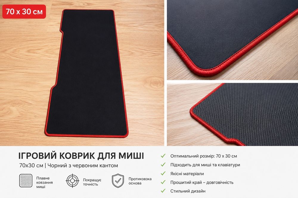 Ігровий килимок для миші (коврик для миші) 70×30 см | Чорний з червоним кантом, ідеальний вибір чим доповнити свій сетап.
