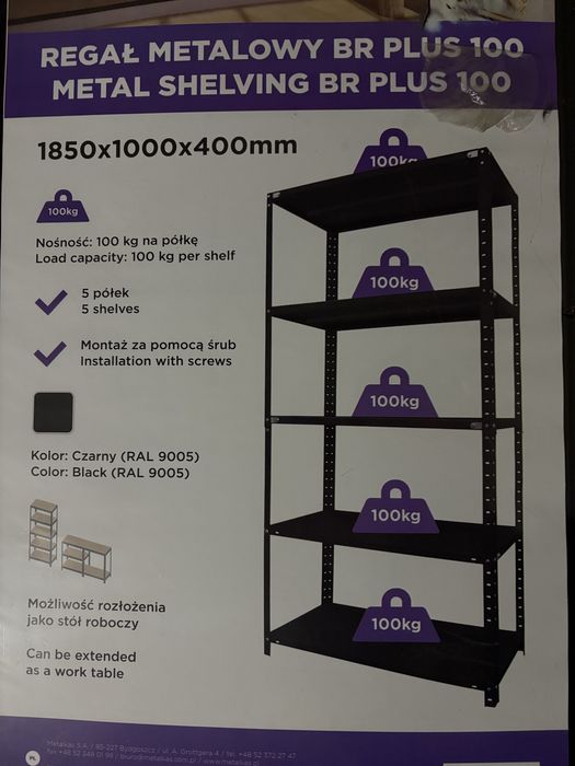 Metalowy regał BR100 Metalakas 100kg 185x100x40