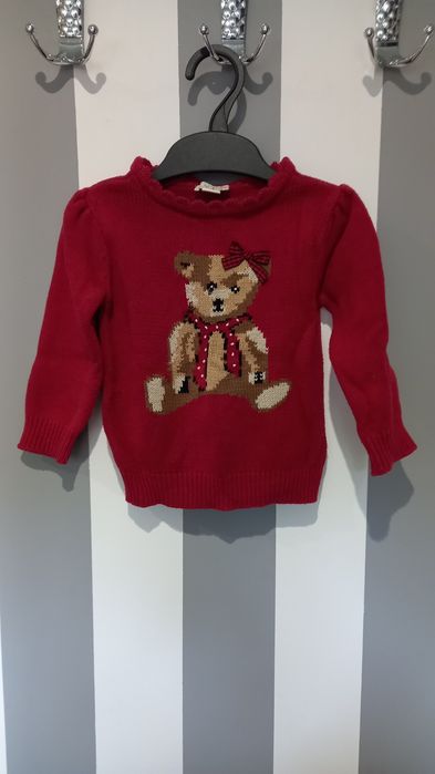 Śliczny sweterk czerwony z misiem, rozmiar 80