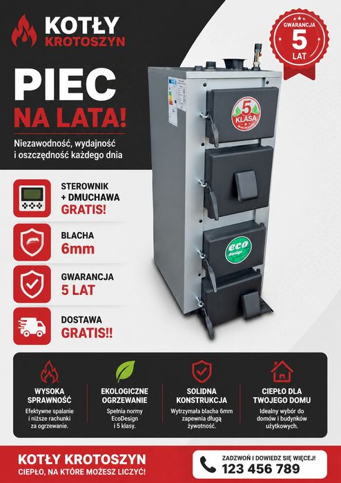 Kocioł Piec 12kW 115m2 Na Drewno Węgiel 5 Klasa! Kotły od Firmy