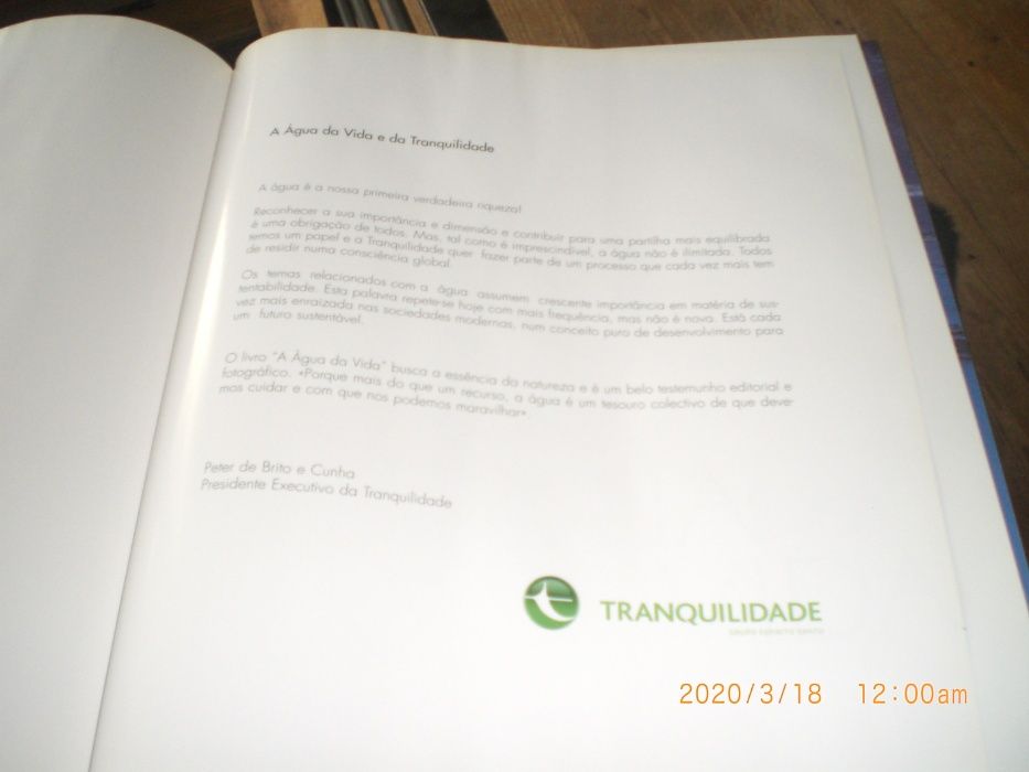 Livro de edição especial Tranquilidade --" A Água da vida"