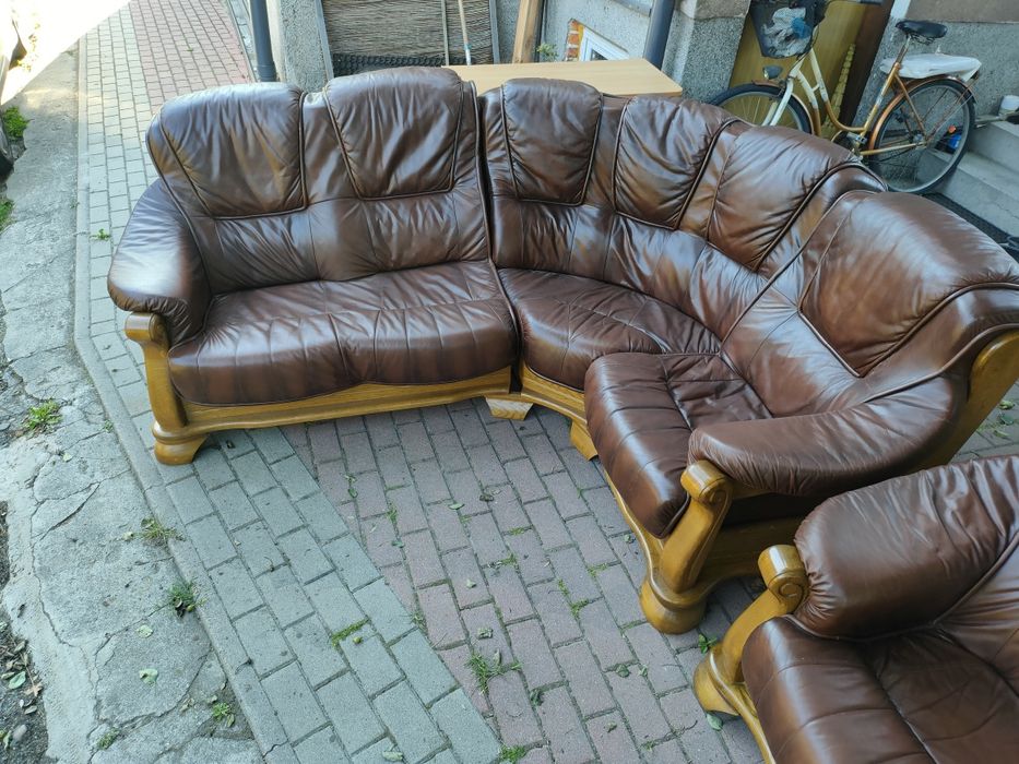 Narożnik  dębowy + skóra, fotel