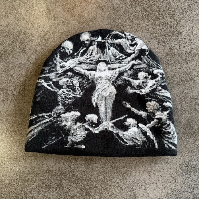 Шапка Зимова Вязана Y2K SK8 з ангелом Opium Чорна Зимова Тепла Вязаная Beanie біні дрейн скейт гранж мужская чоловіча унісекс стильна хіп-хоп реп