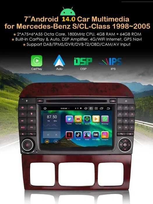 Auto-radio android 14 64GB Mercedes CLASSE S CL W220 W215 Octacore