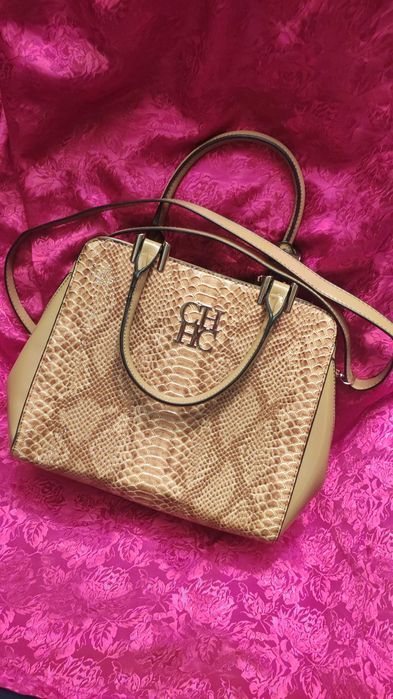 Torebka lakierowana duża wężowy wzór beżowa shopperka