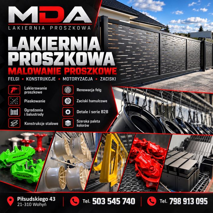 Lakiernia proszkowa | Malowanie proszkowe i piaskowanie | Renowacja felg | Ogrodzenia, bramy, balustrady, konstrukcje, zaciski | Aquablasting | B2B |