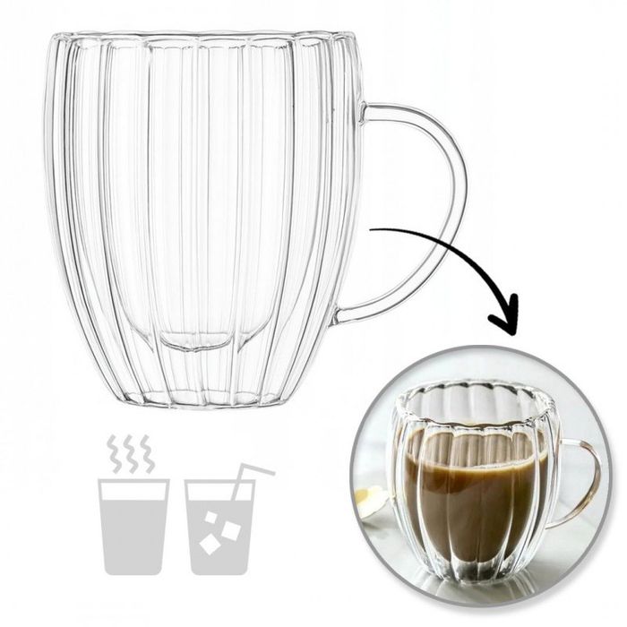 Szklanka termiczna ryflowana 250 ml podwójne dno szkło borokrzemowe