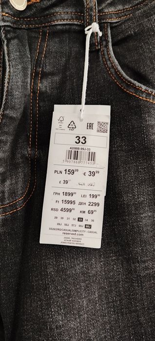 Reserved Slim Spodnie jeansowe Męskie 33