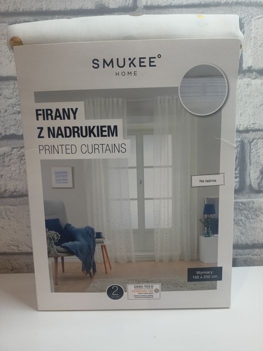 Firany z nadrukiem gotowe na taśmie komplet 140x250cm białe