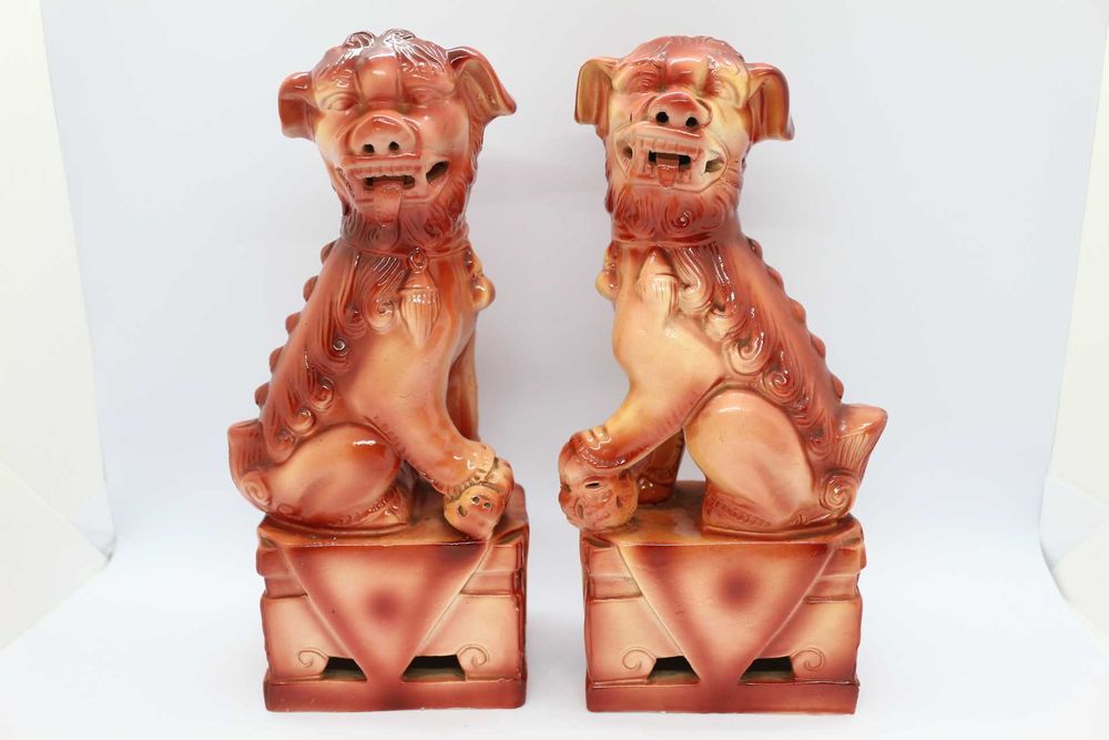 Par de Cães Foo 22 cm Monocromos Cerâmica Chinesa XX