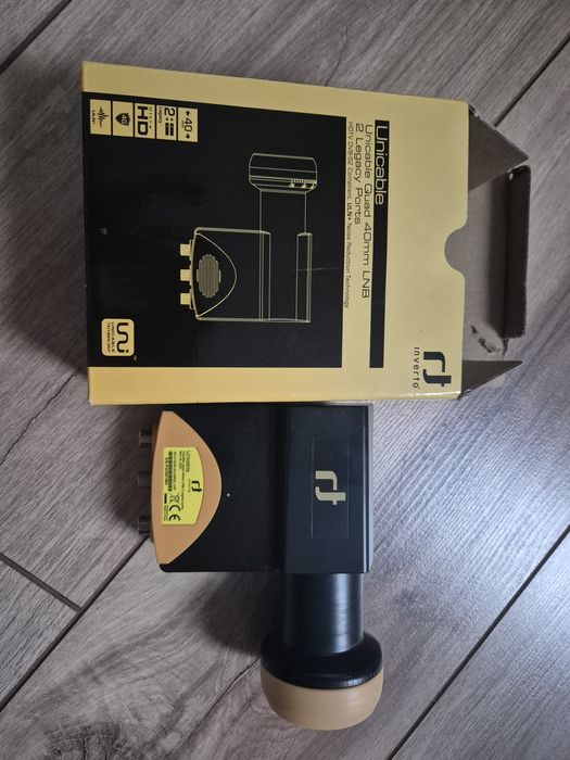 Konwerter satelitarny Inverto Unicable Quad 40mm LNB (2 Legacy Ports), model IDLB-QUDL42-UNI2L-1PP (lub numer katalogowy 5434).