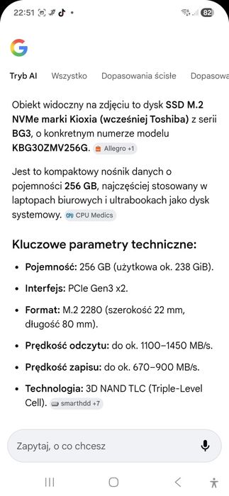 Dysk SSD M2 Nvme 256GB Kioxia klucz M+B