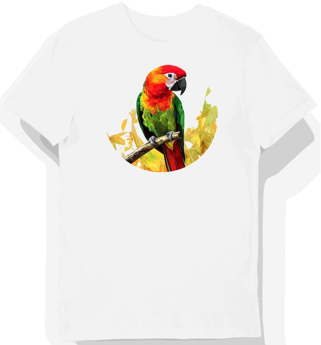 Koszulka męska biała z nadrukiem papugi na tle zielenie i czerwieni M