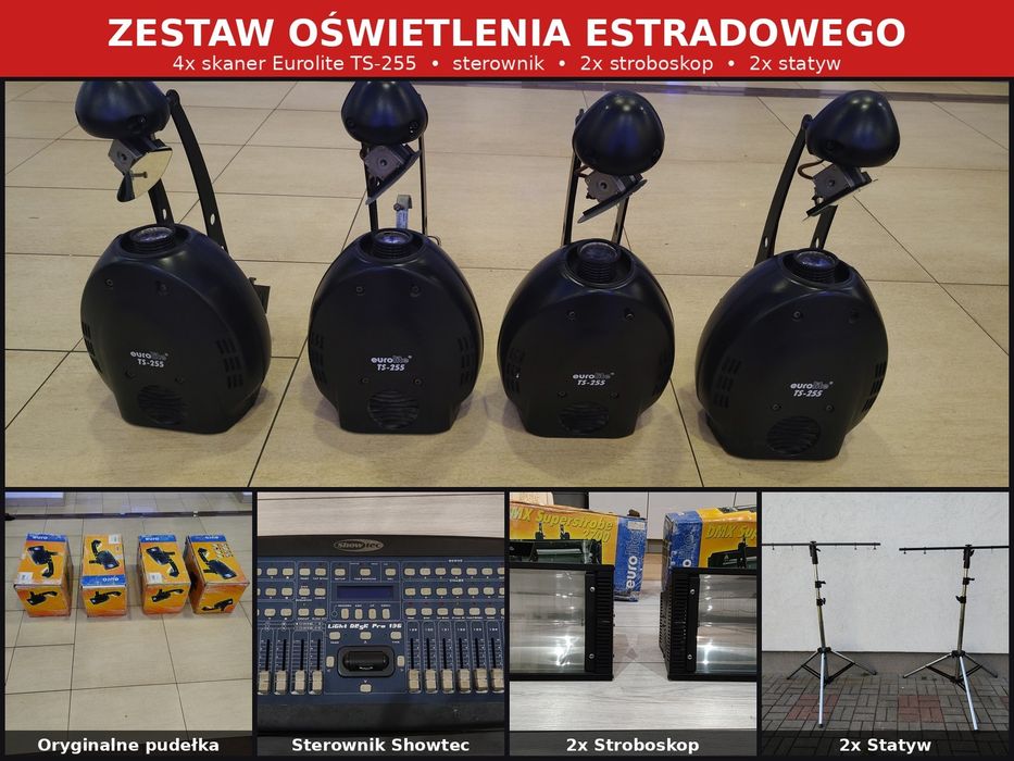 Zestaw oświetlenia scenicznego DMX: 4x Skaner Eurolite TS-255 + 2x Stroboskop + Sterownik Showtec + Statywy