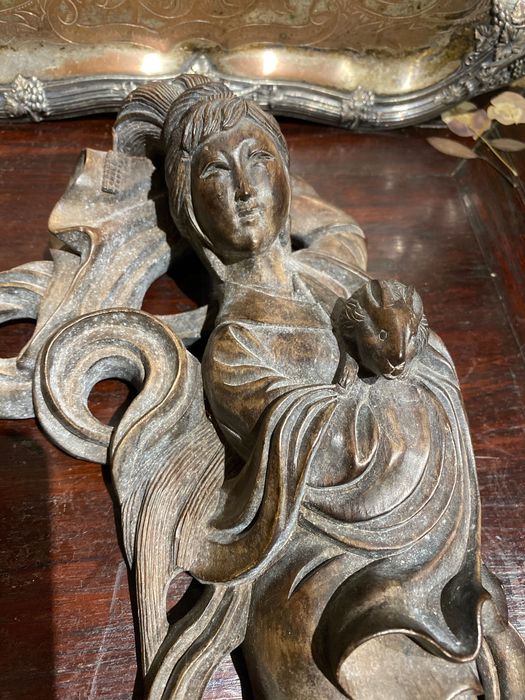 Escultura Madeira Huanghuali Deusa Chinesa Chang Séc XIX 36 cm