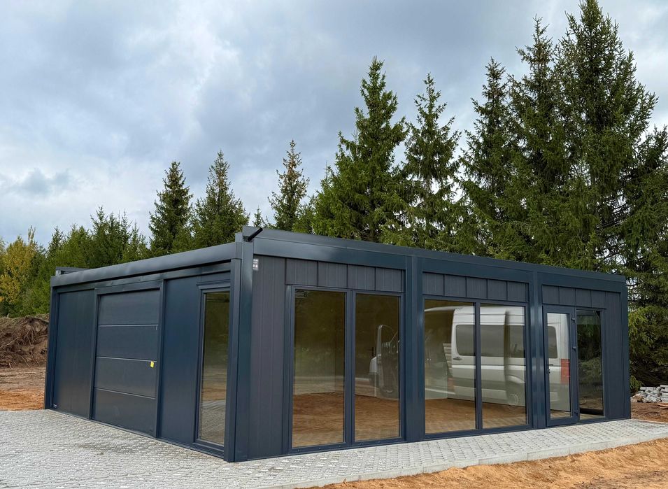 kontener pawilon komis salon samochodowy przeszklony garaż
