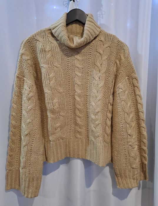 Cieplutki Beżowy Sweter Krótszy Oversize Warkocz Golf r.40/42