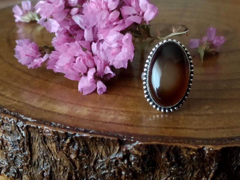 (NOVO, PORTES GRÁTIS) Anel Indiano de Prata 925 e Ágata Feito à Mão
