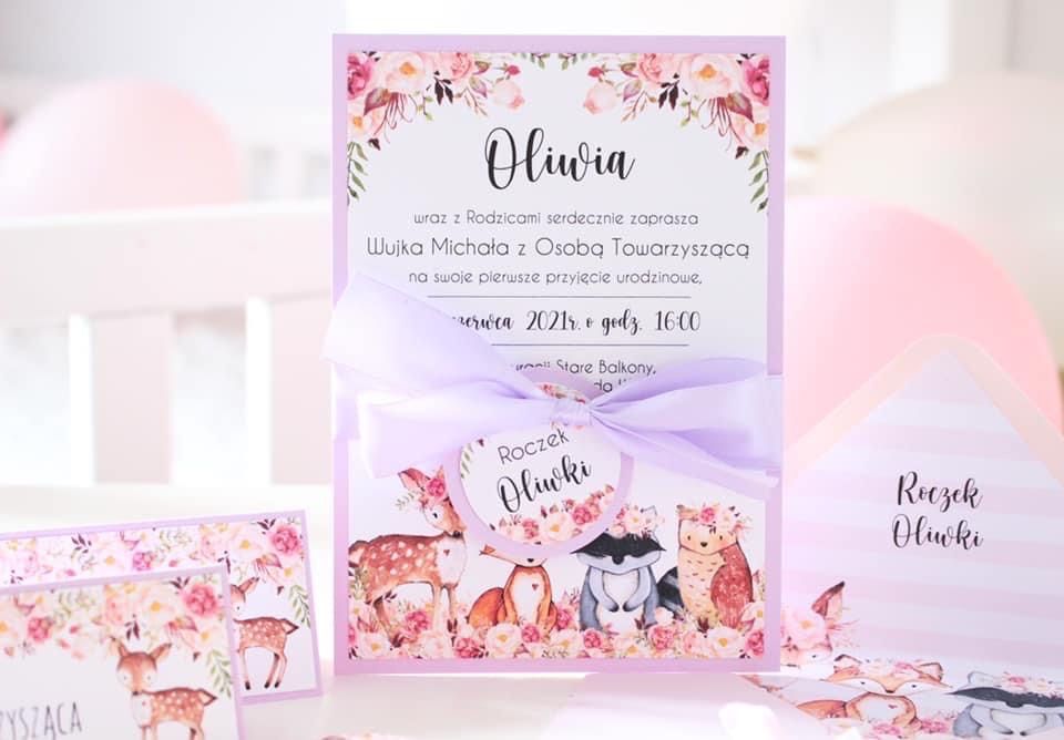 Zaproszenia na chrzest chrzciny urodzinowe urodziny roczek leśne