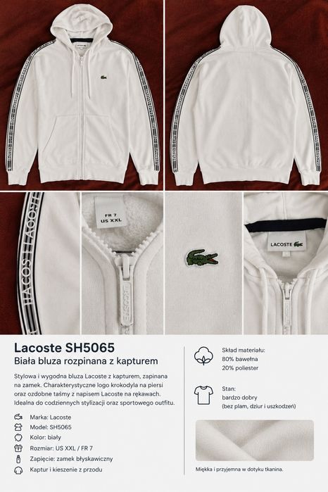 Lacoste SH5065 – biała bluza rozpinana z kapturem XXL