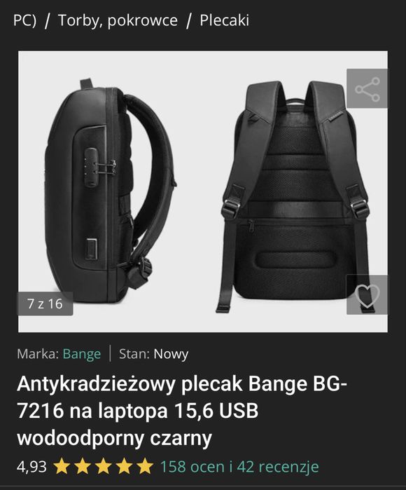 Plecak antykradzieżowy - posiadam dowód zakupu