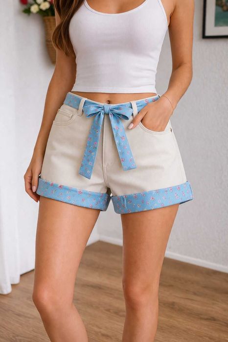 słodkie unikatowe szorty kremowe obszycie niebieskie w kwiaty