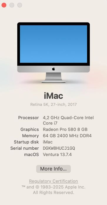 iMac 27 5k 2017 i7-4.2 Ghz 1 TB SSD 64GB RAM Radeon Pro 580