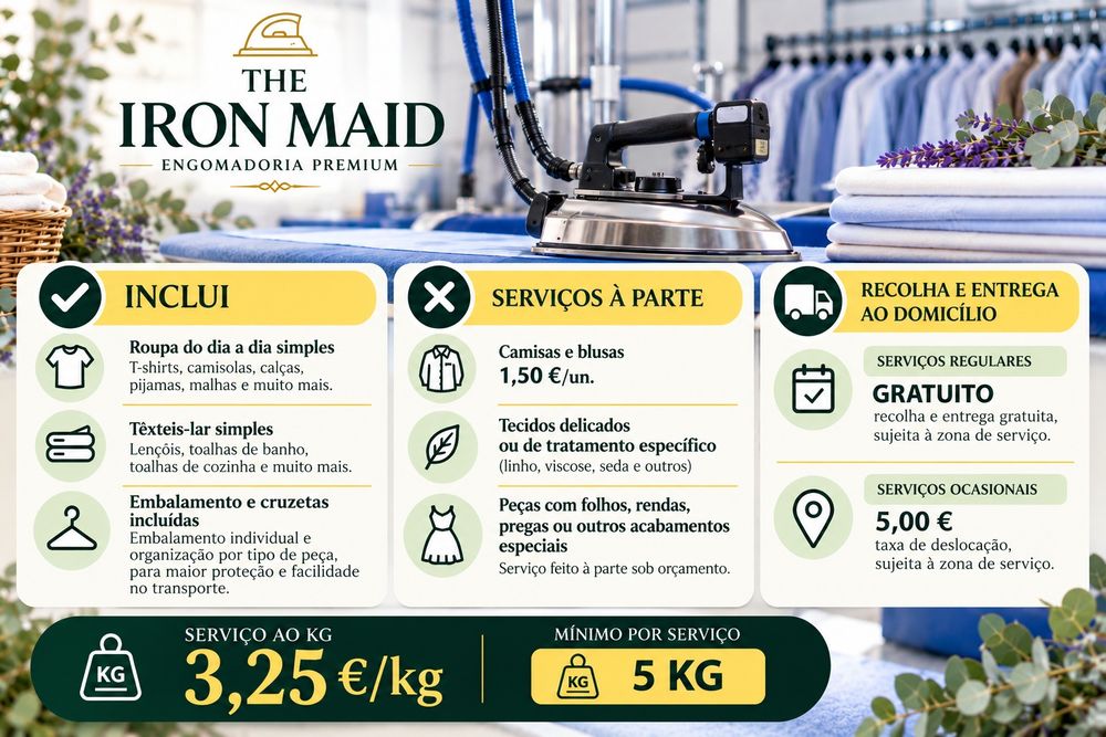 Passar a ferro/Engomar | Serviço ao Kg | Recolha e Entrega