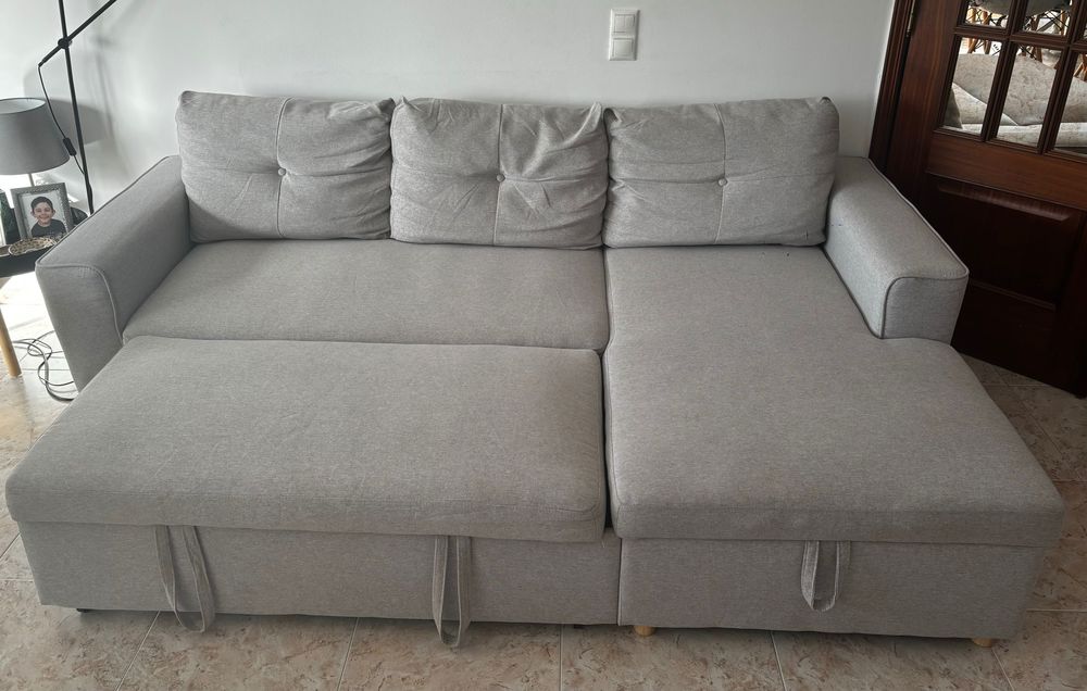 Sofá-cama chaise longue de 3 lugares em tecido