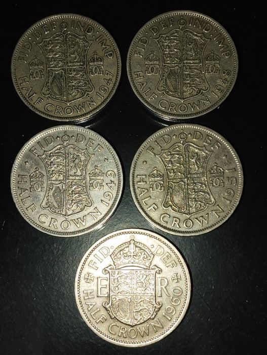 Moedas de Half Crown 1947, 1948, 1949, 1951 e 1960 Inglaterra
