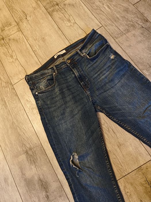 Spodnie jeansowe Zara 46 wysoki stan 98% bawełna jeansy granatowe