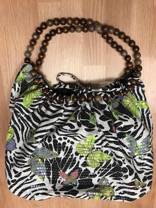 Сумка большая торба текстиль бабочки паетки деревянные бусы