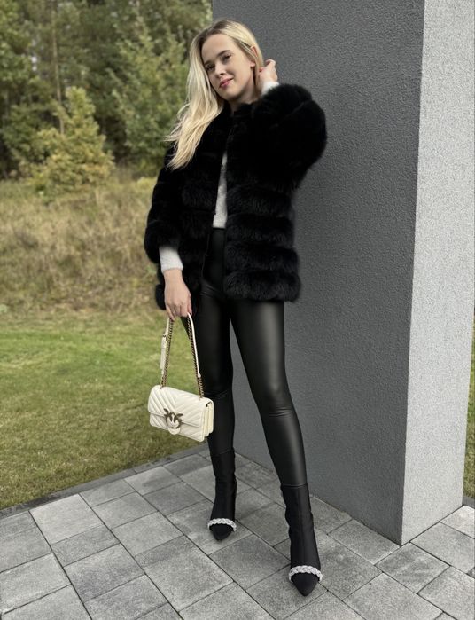 Futro z lisa czarnego płaszcz nowe xs/s 3 w 1 naturalne kamizelka