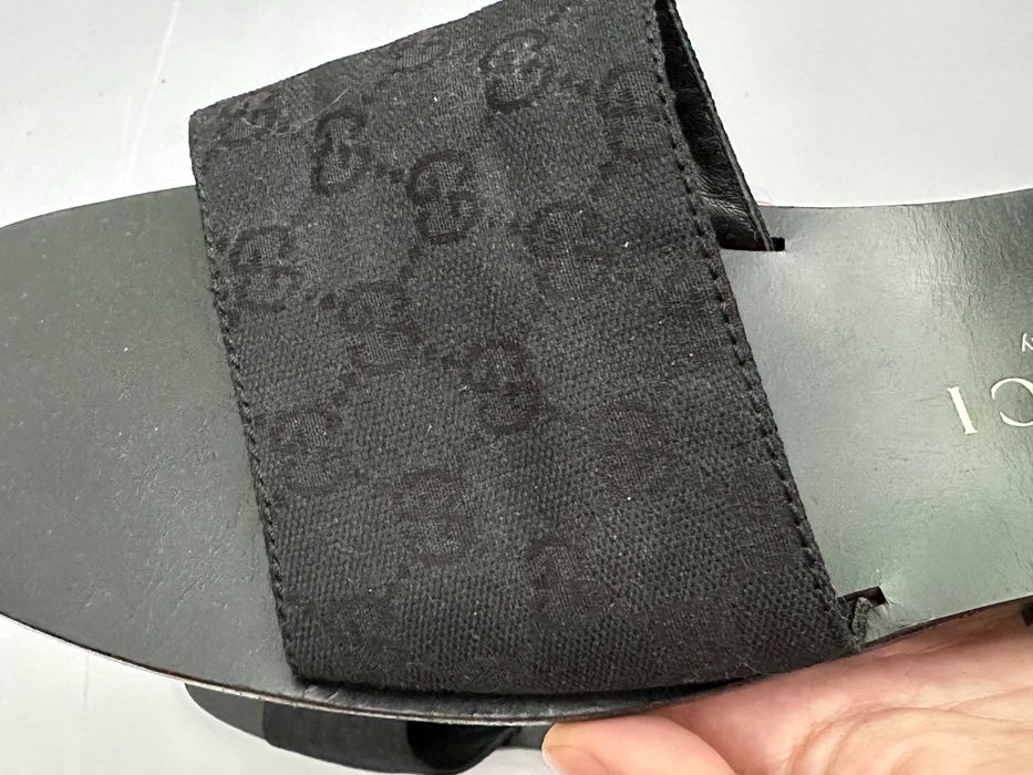 Шлепки Gucci GG Monogram Black Canvas Leather Sandals Sliders Flip Flops