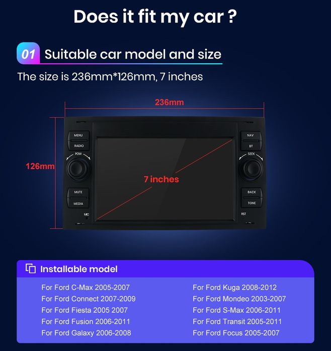 Rádio 2din 7" 2/32GB Ford Transit Focus Fusion Galaxy Carplay GPS NOVO