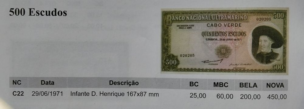 Nota 500$ 1971 Cabo Verde Infante D. Henrique Excelente Estado Rara