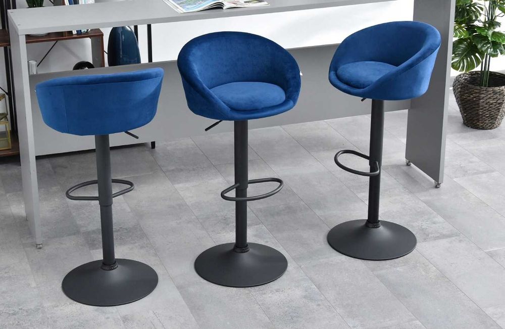 Tapicerowany HOKER granatowy niebieski welur siedzisko noga centralna metal czarny reg. wysokości OUTLET! A28 4szt