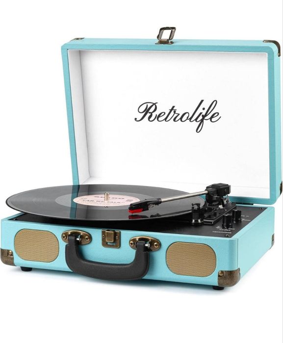 Вінтажний програвач Retrolife у чемодані Вініловий програвач у ретро стилі з Bluetooth динаміками у кейсі, блакитний