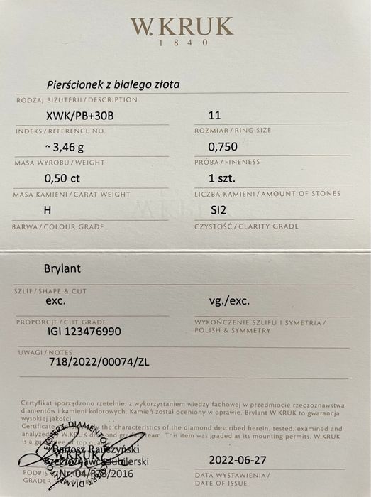 Pierścionek z brylantem W.Kruk 0.50 ct
