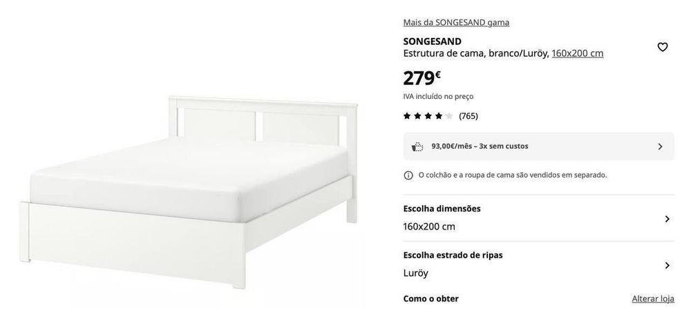 Estrutura de cama, branco, 160x200 cm IKEA SONGESAND