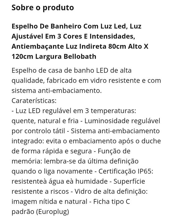 Espelho De Banheiro Com Luz Led, Luz Ajustável Em 3 Cores E Intensidades, Antiembaçante Luz Indireta 80cm Alto X 120cm Largura Bellobath