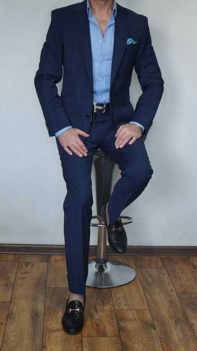Nowy Garnitur BYTOM 100% Wełna Granatowa Krata Rozmiar 182/96/84