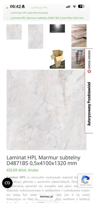 Laminat HPL Marmur subtelny D4871BS 0,5x4100x1320 mm